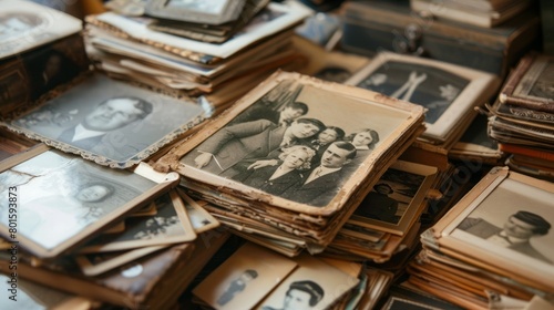 A collection of aged photographs piled on a wooden table.