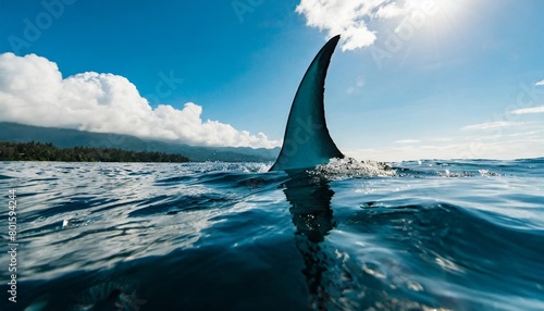 shark fin on surface of ocean agains blue cloudy sky photo