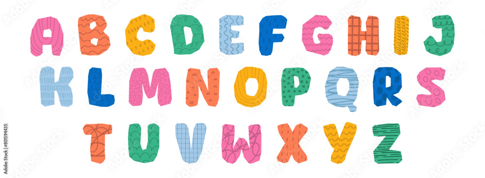 Modern playful alphabet letter set. Bright, vivid multicolor funky font or typography. Vector bold font for poster, flyer, book cover, greeting card, product packaging, graphic print, etc. Modern playful alphabet letter set. Bright, vivid multicolor funky font or typography. Vector bold font for poster, flyer, book cover, greeting card, product packaging, graphic print, etc.