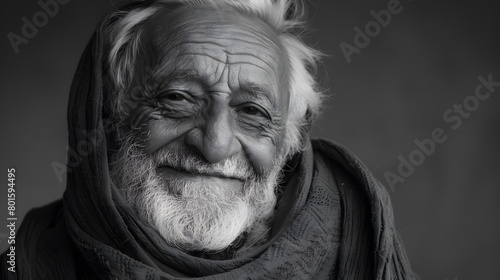 Classic monochrome portrait of an old man smiling.