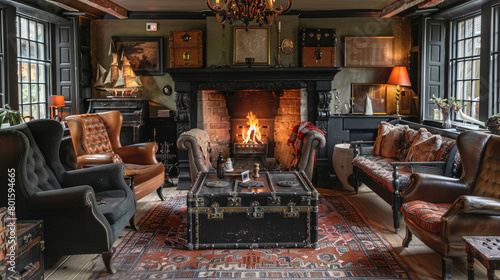 Embrace the warmth of a traditional fireplace surrounded by plush armchairs and a collection of vintage trunks repurposed as coffee tables. photo