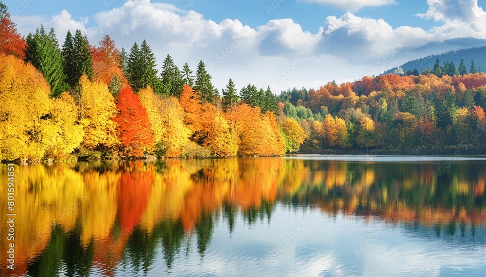 colorful palette of autumn focusing on a tranquil lake reflecting the vibrant foliage