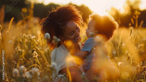 A woman tenderly holds a baby in a colorful field of flowers, showcasing a mothers love amidst natures beauty.