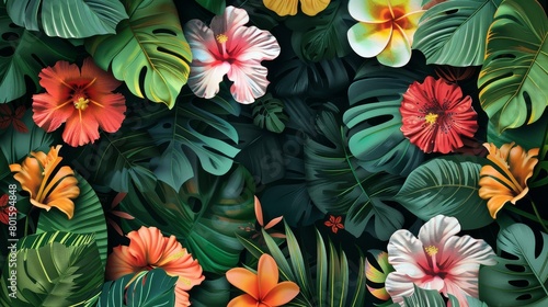 A lush tapestry of vibrant tropical flowers and leaves