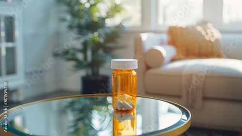 Prescription opioids addiction and overdose: a bottle of pills on a mirror table reflecting the concept of medicine shopping photo