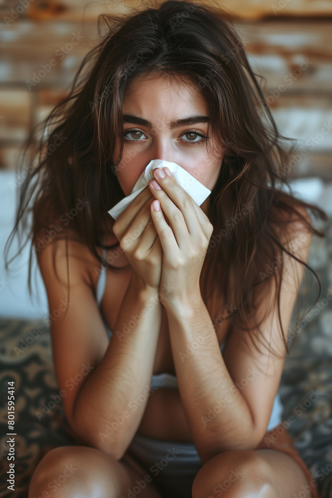 Woman Sitting on Bed Holding Napkin Woman Sitting on Bed Holding Napkin