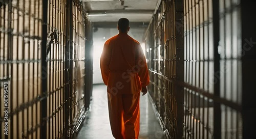 A prisoner in a US federal prison mysteriously entering a cell at night wearing an orange prisoner uniform photo