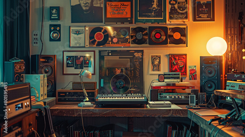 Enter a record-themed home office, where LPs double as wall art and a single vintage microphone awaits impromptu karaoke sessions. photo