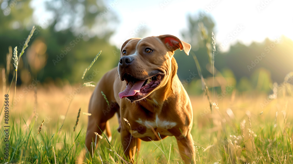 American Pitbull dog in the forest or park with green grass for a walk.