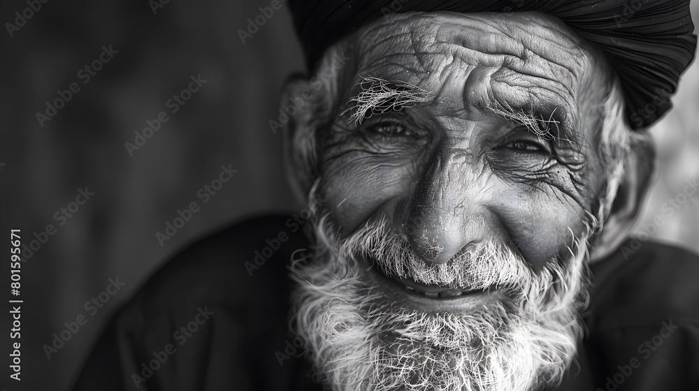 Classic monochrome portrait of an old man smiling.