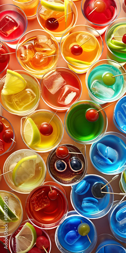 Variedade Colorida de Coquetéis com Guarnição de Frutas Frescas