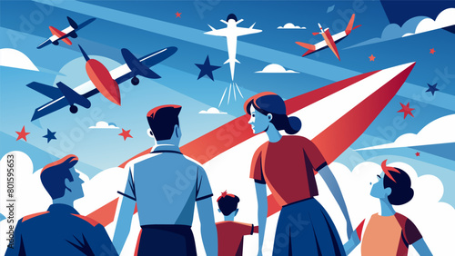 Families gaze skyward mesmerized by the graceful dance of vintage planes as they glide by wings adorned with patriotic art.. Vector illustration