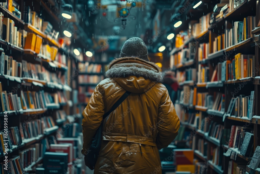 Person in yellow coat browsing in library Person in yellow coat browsing in library