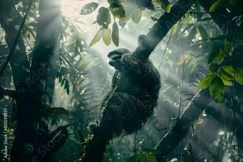 Tranquil Lifestyle of a Wild Sloth Basking in the Warm Sunlight of the Rainforest photo