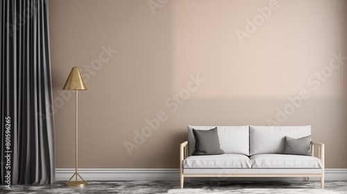 Modern , minimalist living room setting with elegant sofa, soft lighting from window, mock up for wall poster, painting, picture