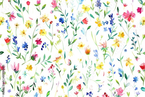 A watercolor painting of a field of flowers with a white background. The flowers are in various colors and sizes, and the overall effect is bright and cheerful