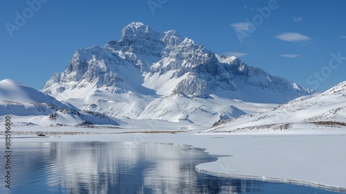A large snow covered mountain with a lake in the middle, AI © starush