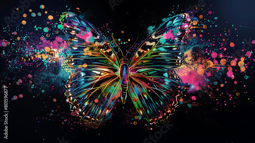 a vibrant, multi-colored butterfly set against a dark background. The butterfly’s wings exhibit intricate patterns and textures © DigitaArt.Creative
