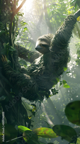 Tranquil Lifestyle of a Wild Sloth Basking in the Warm Sunlight of the Rainforest © Ophelia