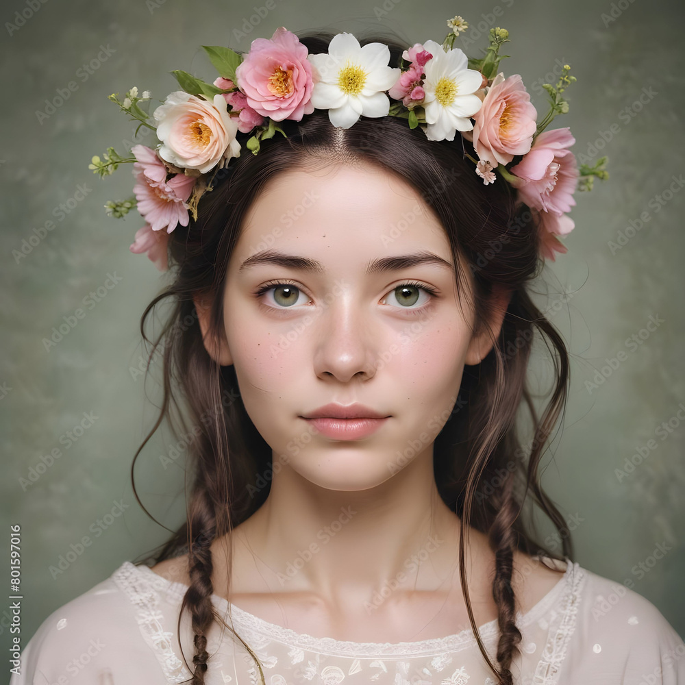 Floral Radiance: A Young Woman's Portrait with Blooming Hair Floral Radiance: A Young Woman's Portrait with Blooming Hair