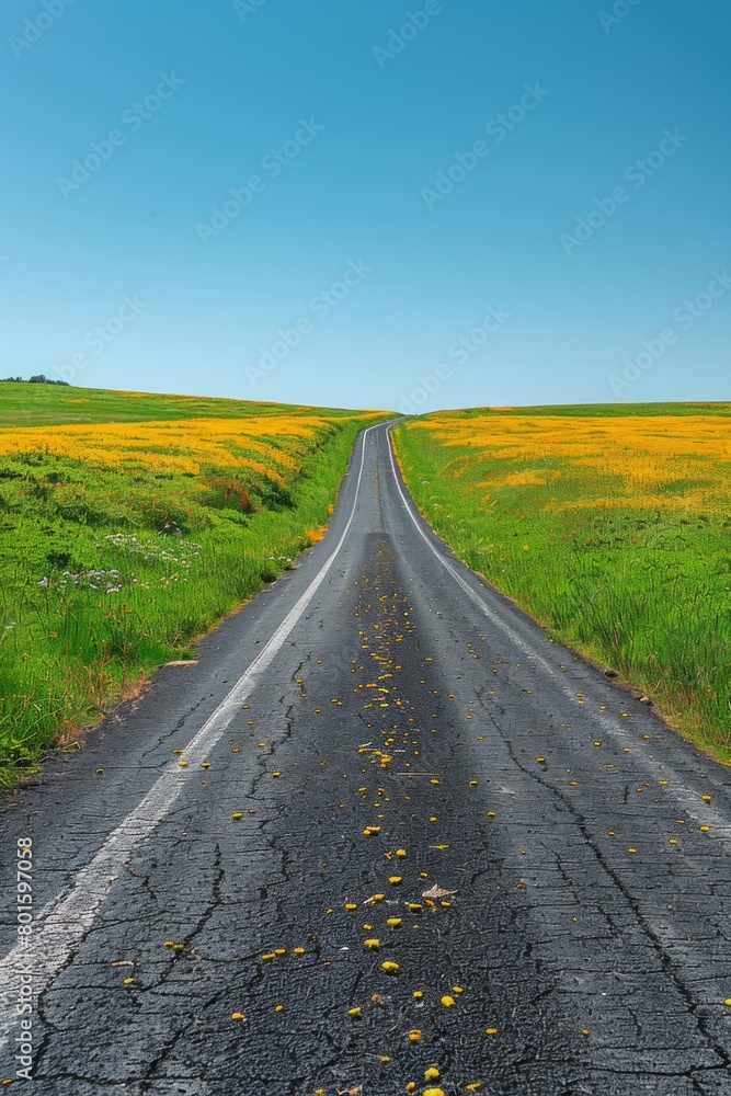 A road with a yellow line and grass in the middle, AI A road with a yellow line and grass in the middle, AI