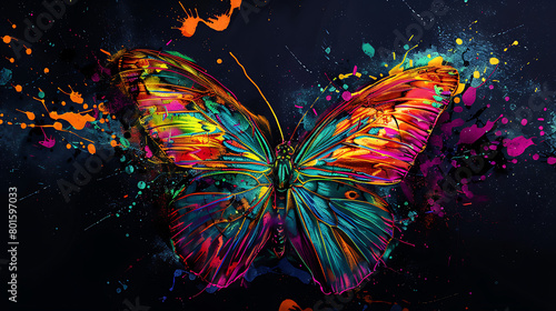 a vibrant, multi-colored butterfly set against a dark background. The butterfly’s wings exhibit intricate patterns and textures © DigitaArt.Creative