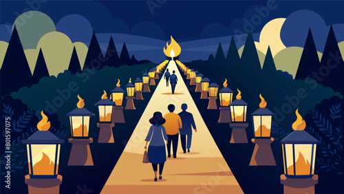 Lanterns and candles line the pathway guiding the way towards the central gathering where the Juneteenth vigil takes place to honor and remember those. Vector illustration