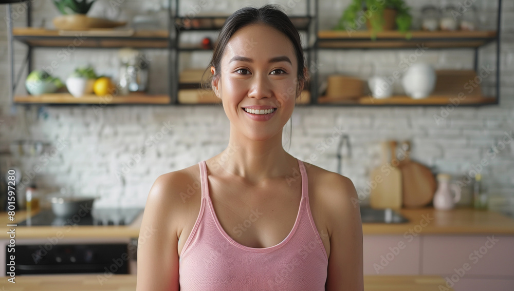 beautiful young Asian woman at a kitchen looking into the frame and inviting the viewer to a sport class beautiful young Asian woman at a kitchen looking into the frame and inviting the viewer to a sport class
