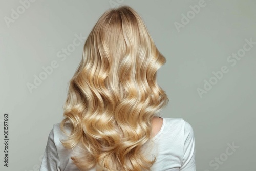 young blonde woman with wavy hair from behind beauty and fashion concept studio photography on white