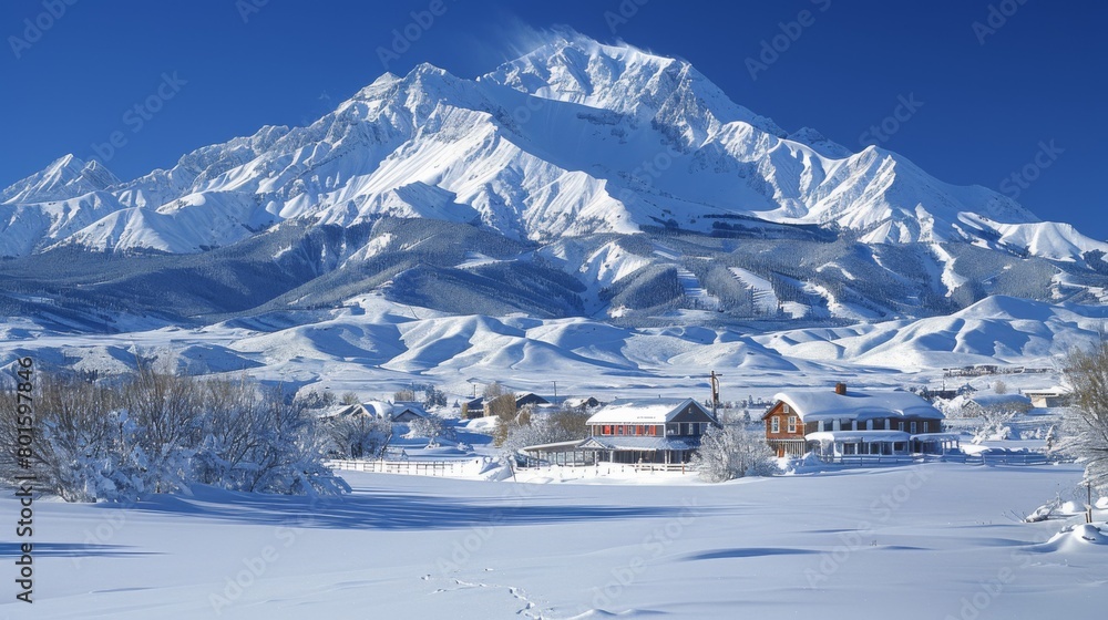 A snowy mountain with a house in the distance, AI