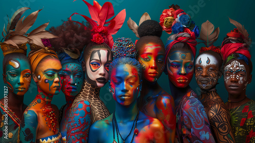 Vibrant Body Art on Diverse Group of Models. Artistic portrait of a diverse group of models with elaborate body paint and cultural headpieces against a teal background. photo