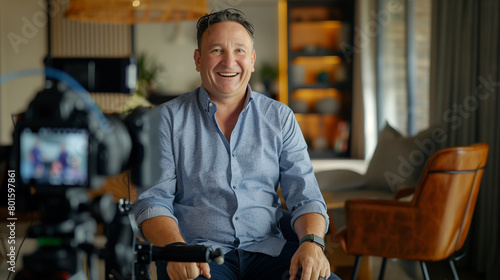 Smiling Man Being Interviewed on Camera. Cheerful man in a casual shirt sitting for an on-camera interview in a cozy room, giving a sense of approachability and openness. photo