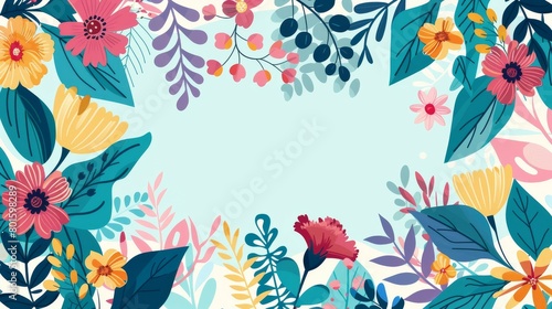 Colorful floral border framing a serene blue background