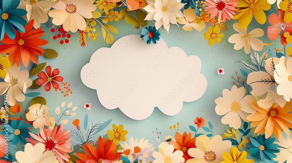 Colorful paper flowers framing a blank cloud shaped space Colorful paper flowers framing a blank cloud shaped space