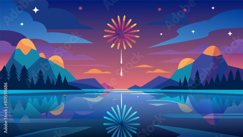 A serene lake serving as the backdrop for a magnificent fireworks show with its tranquil waters perfectly mirroring the colorful bursts in the sky.. Vector illustration