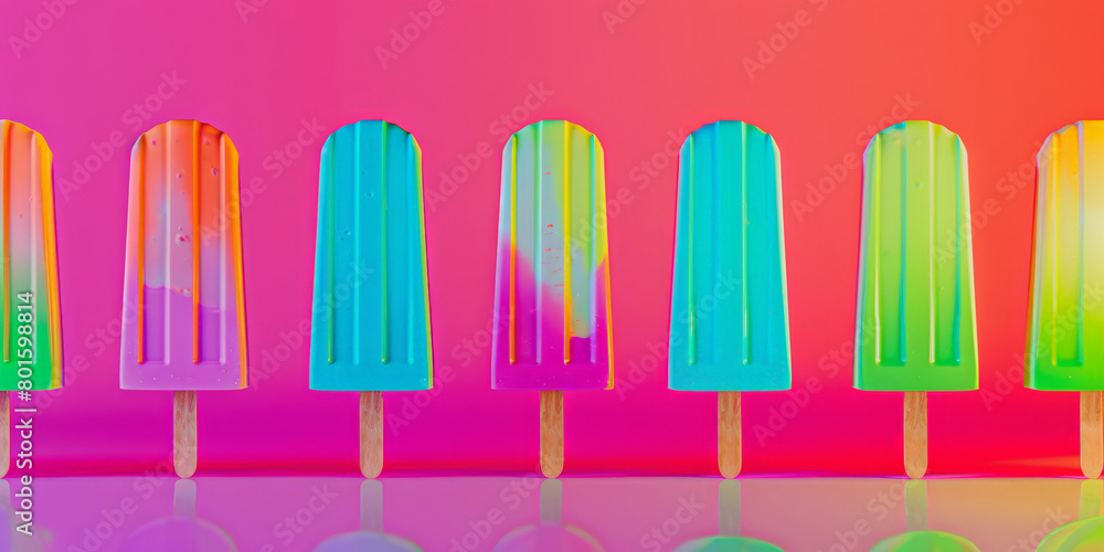 Trio of Vibrant Color Popsicles on Sticks with Pink Gradient Backdrop Trio of Vibrant Color Popsicles on Sticks with Pink Gradient Backdrop