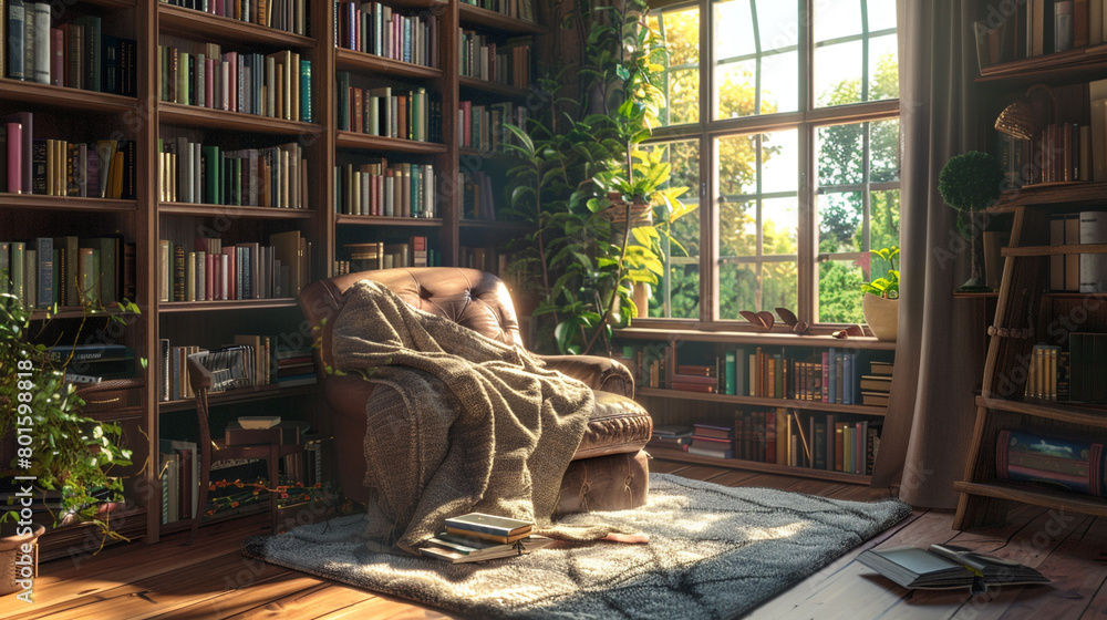 Immerse yourself in a cozy reading nook, where floor-to-ceiling bookshelves frame a plush armchair, inviting you to lose yourself in the pages of literary masterpieces.