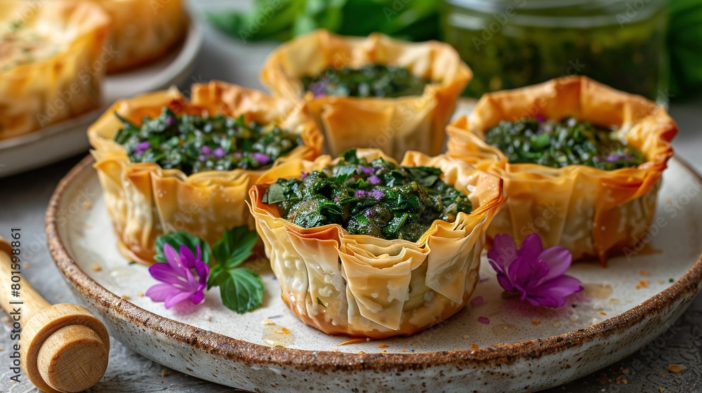   A macro shot of a platter featuring spinach alongside other dishes