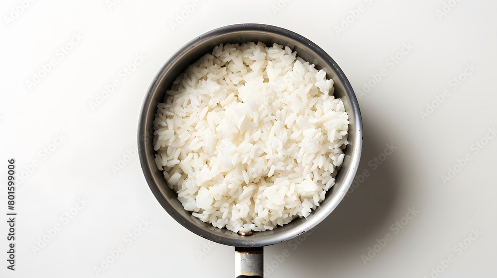 Top view shot capturing rice in a pan. Top view shot capturing rice in a pan.