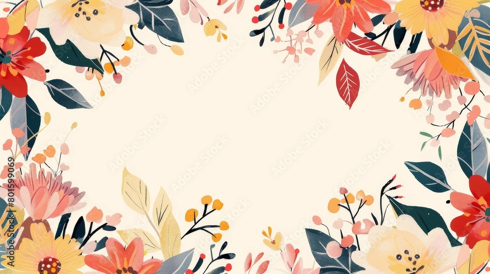 Floral border with vibrant blooms and foliage on an ivory background