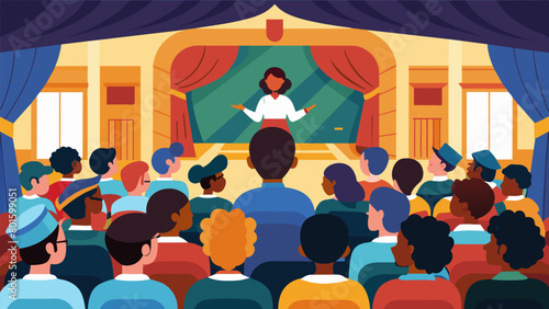 A school auditorium filled with students watching a theatrical performance that highlights important figures and events in Juneteenth history.. Vector illustration