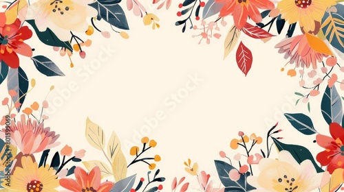 Floral border with vibrant blooms and foliage on an ivory background