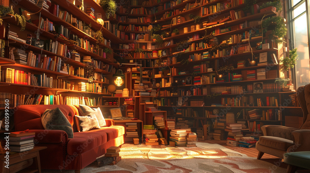 Immerse yourself in a whimsical living room where bookshelves twist and turn, creating a labyrinth of literary adventures.