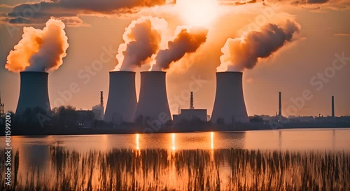 Nuclear power plant and steaming cooling towers at sunset photo
