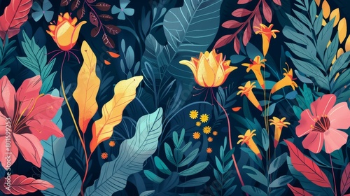 A vibrant tapestry of lush illustrated flora in a symphony of colors