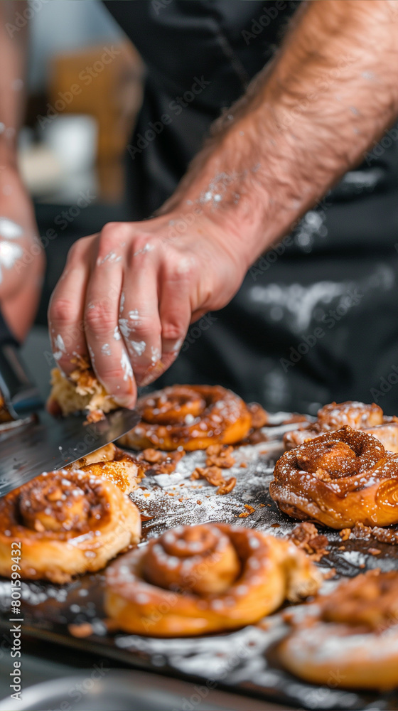 Artisan Baker Prepares Fresh Cinnamon Rolls in Bakery Kitchen