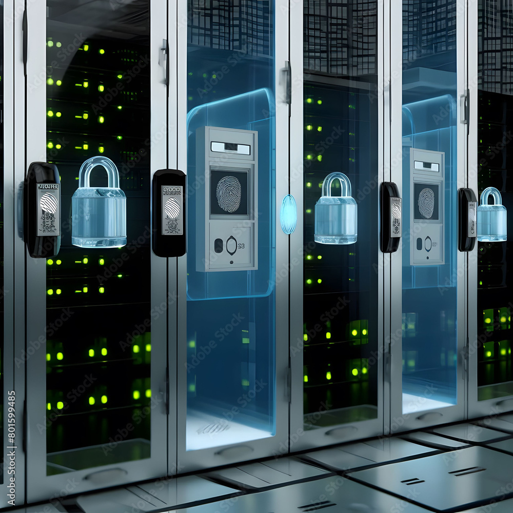 Data security concept with secure server racks and digital locks Data security concept with secure server racks and digital locks