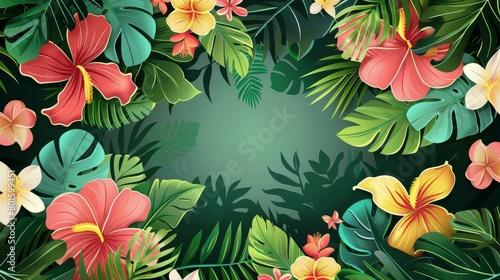 A vibrant tropical floral frame with lush greenery