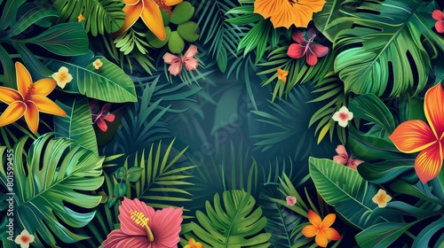 A vibrant tropical jungle with lush leaves and colorful flowers
