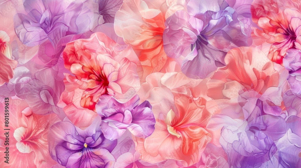 Soft pastel watercolor strokes forming a pattern of sweet pea flowers in shades of pink and purple..